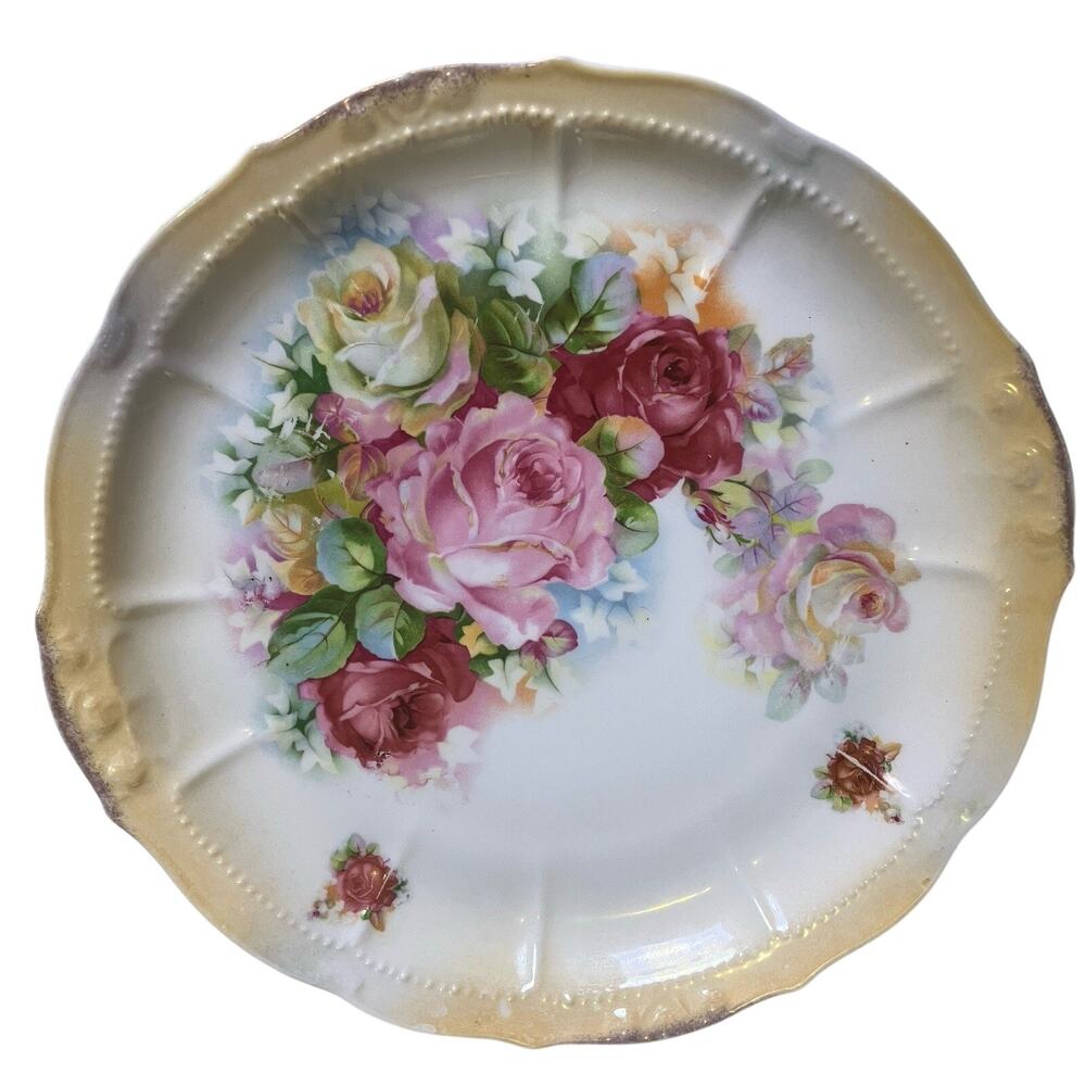 Antique German Porcelain Floral Rose Serving Plate Gold Gilt Scalloped 11.5”